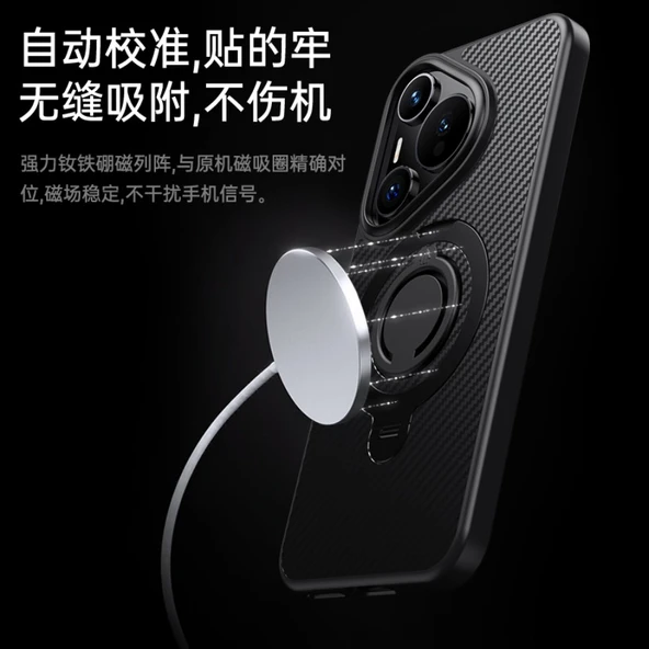 Huawei Pura 70 Pro Siyah Gri Fiber Dokulu Manyetik Kablosuz Şarjlı 360° Dönebilen Standlı Telefon Kılıfı - 6