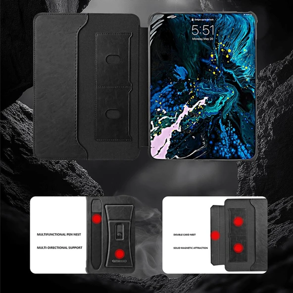iPad Pro 13 2024 Uyumlu Çok Fonksiyonlu Standlı Kart Yuvalı Tablet Kılıfı - Siyah - 5