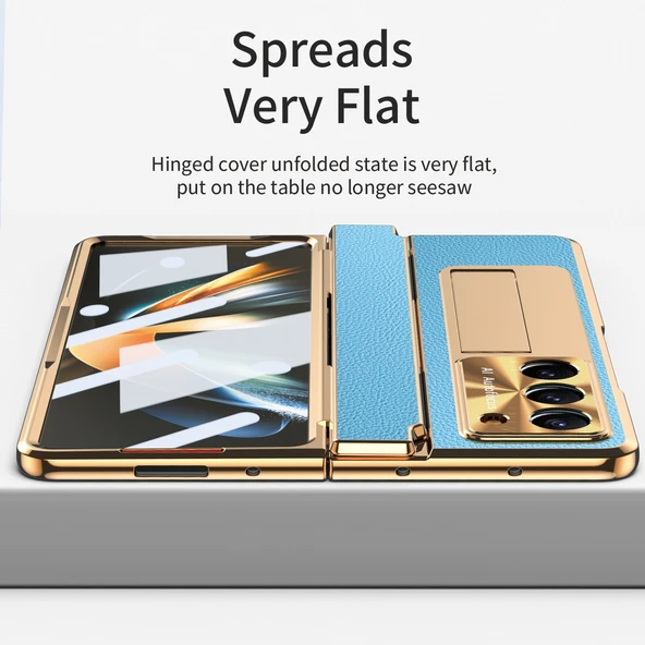 Samsung Galaxy Z Fold 5 Mavi Premium Deri Standlı Tam Kaplama Kılıf - 9