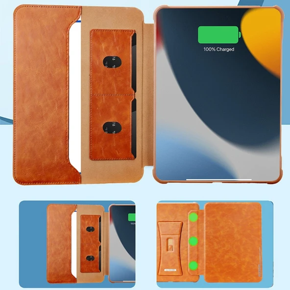 iPad Air 13 2024 Çok Fonksiyonlu Manyetik Standlı Kart Yuvalı Tablet Kılıfı - Kahverengi - 3