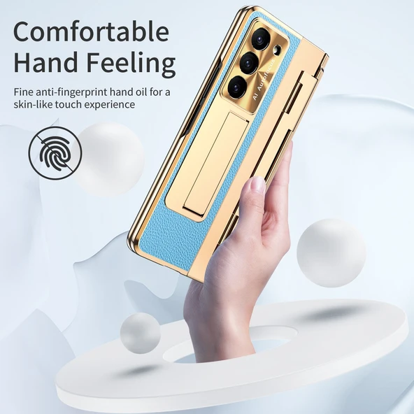 Samsung Galaxy Z Fold 5 Mavi Premium Deri Standlı Tam Kaplama Kılıf - 5