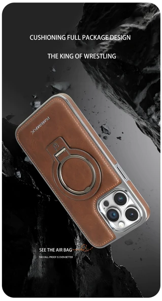 iPhone 14 Pro Max Uyumlu Manyetik Deri Standlı Koruyucu Kılıf - Koyu Kahverengi - 9