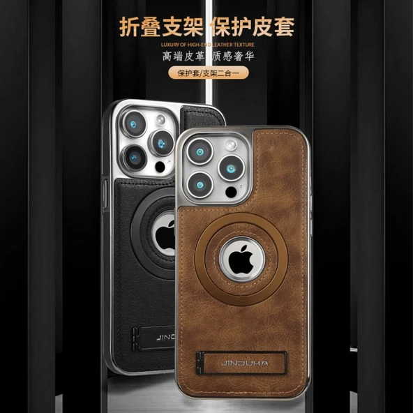 iPhone 15 Pro için Yeşil Manyetik Standlı Deri Desenli Telefon Kılıfı - 5