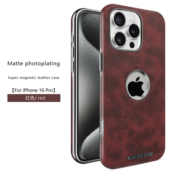 iPhone 16 Pro Uyumlu Manyetik Deri Mat Elektrokaplama Kırmızı Koruyucu Kılıf