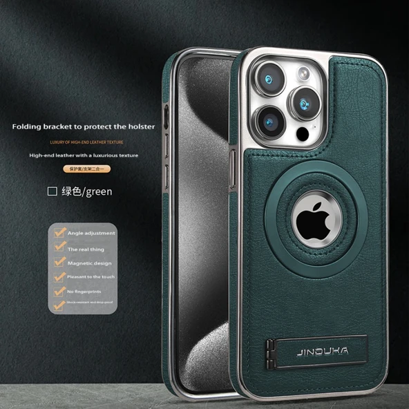 iPhone 15 Pro için Yeşil Manyetik Standlı Deri Desenli Telefon Kılıfı