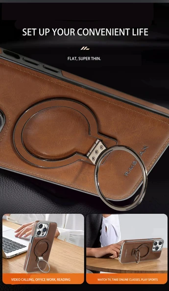 iPhone 14 Pro Max Uyumlu Manyetik Deri Standlı Koruyucu Kılıf - Koyu Kahverengi - 7