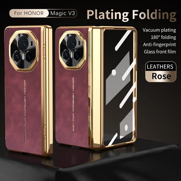 Honor Magic V3 Katlanır Elektro Kaplama Deri Kılıf - Kırmızı