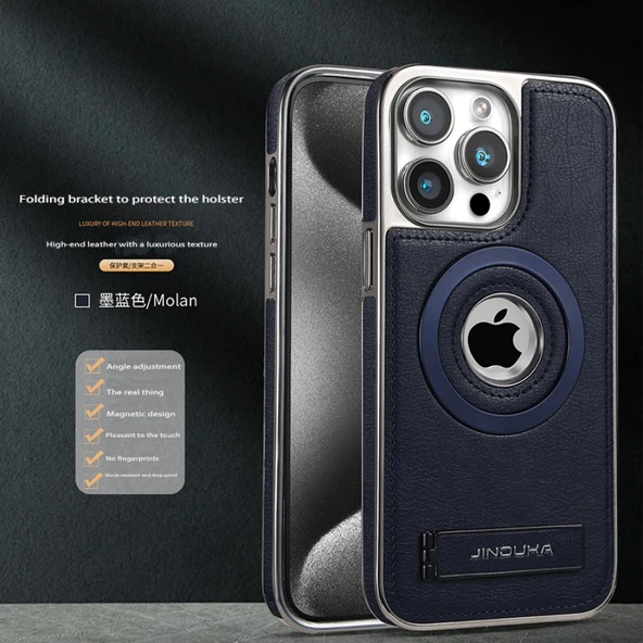 iPhone 15 Pro Max Mavi Manyetik Standlı Deri Desenli Telefon Kılıfı