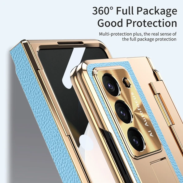Samsung Galaxy Z Fold 5 Mavi Premium Deri Standlı Tam Kaplama Kılıf - 7