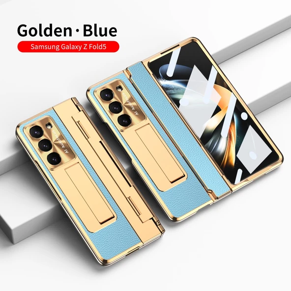 Samsung Galaxy Z Fold 5 Mavi Premium Deri Standlı Tam Kaplama Kılıf