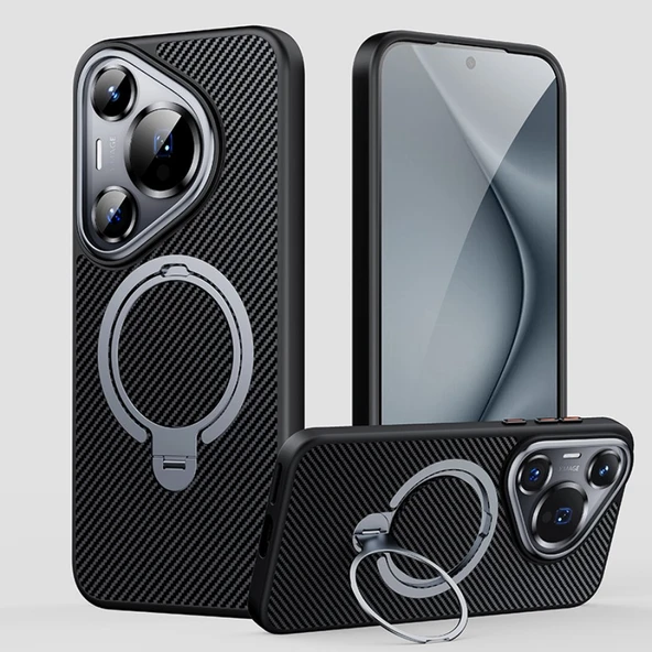 Huawei Pura 70 Manyetik Kablosuz Şarj 360° Dönebilen Stand Fiber Dokulu Telefon Kılıfı - Siyah Gümüş