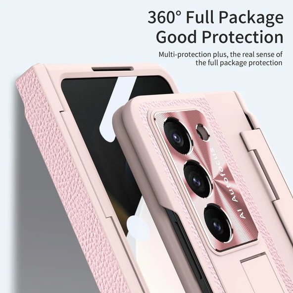 Samsung Galaxy Z Fold 6 Pembe Menteşe Korumalı Deri Standlı Kılıf - 8