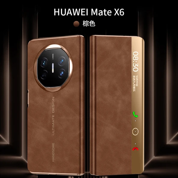 Huawei Mate X6 Premium Deri Akıllı Pencere Kapaklı Kılıf
