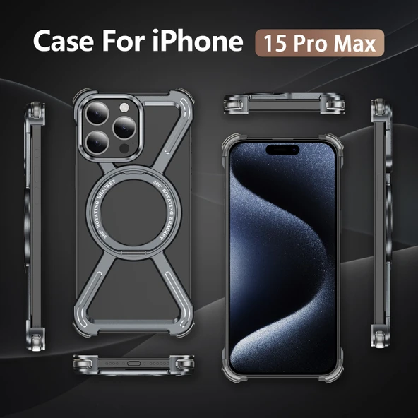 iPhone 15 Pro Max Gri Manyetik Kablosuz Şarjlı 360° Dönebilen Metal Standlı Kılıf