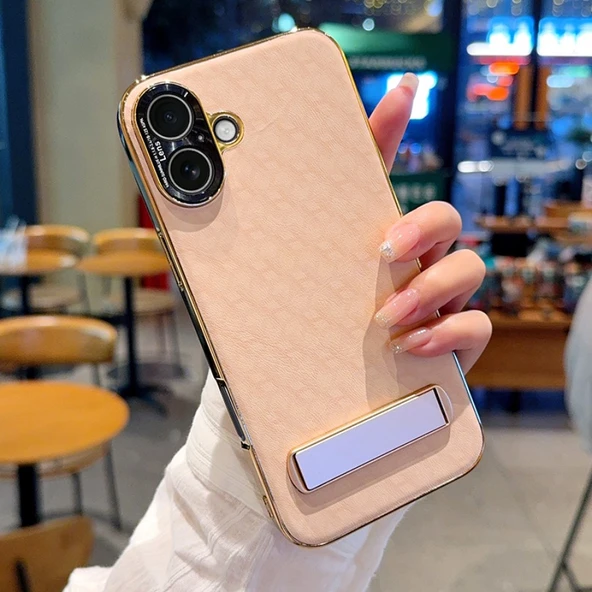 iPhone 16 Altın Kaplama Standlı Koruyucu Telefon Kılıfı