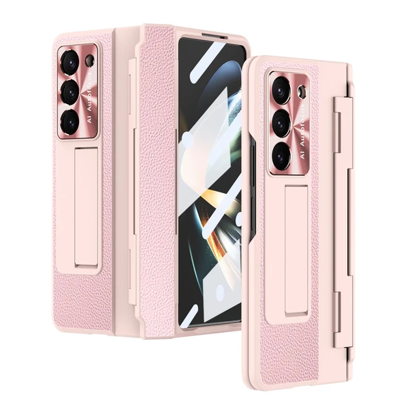 Samsung Galaxy Z Fold 6 Pembe Menteşe Korumalı Deri Standlı Kılıf - 2