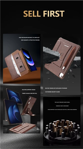 iPad 10 10.9 inç Çok Fonksiyonlu Manyetik Standlı Tablet Kılıfı - Koyu Kahverengi - 7