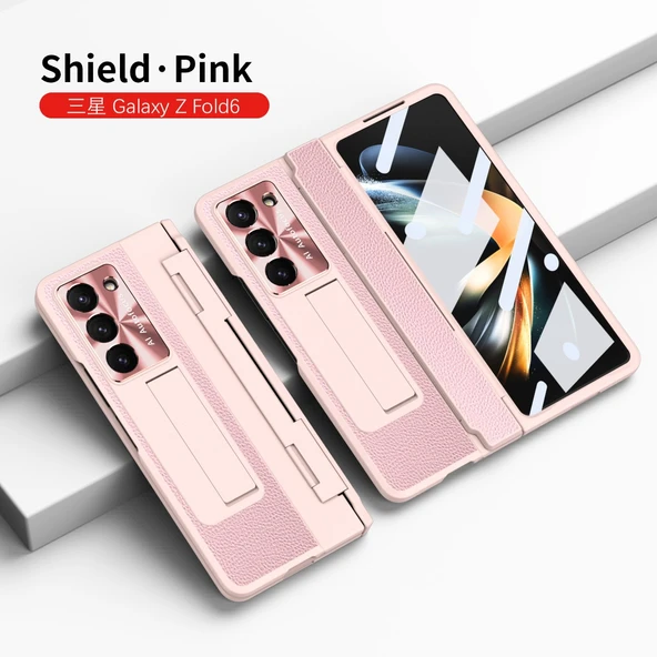Samsung Galaxy Z Fold 6 Pembe Menteşe Korumalı Deri Standlı Kılıf
