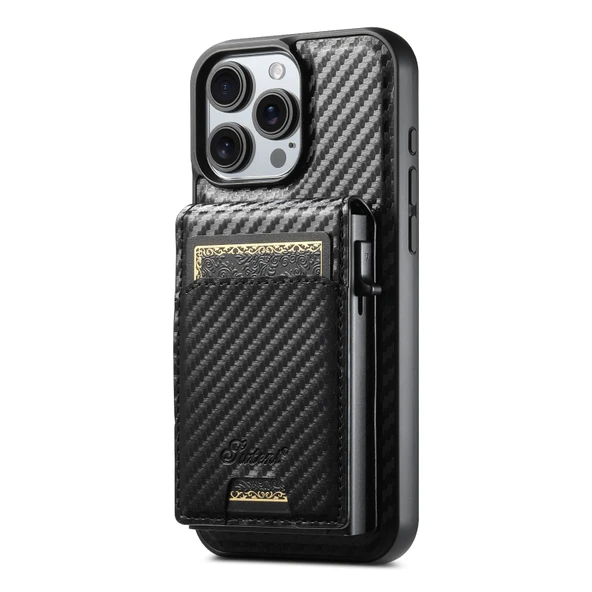 Karbon Fiber Desenli Deri iPhone 16 Pro Manyetik Kartlıklı Standlı Kılıf