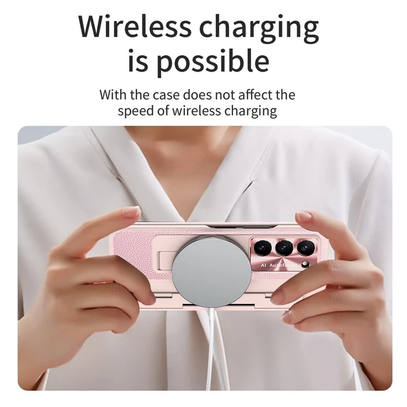 Samsung Galaxy Z Fold 6 Pembe Menteşe Korumalı Deri Standlı Kılıf - 11