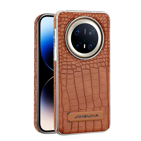 Huawei Mate 60 Pro için Lüks Kahverengi Timsah Derisi Desenli Manyetik Standlı Telefon Kılıfı