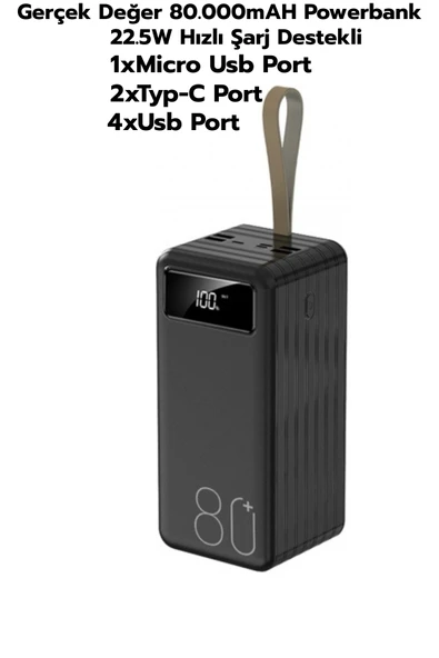 80.000mAh 22.5W Siyah LCD 1xMicro 2xTyp-C 4xUsb Port Taşınabilir Şarj Cihazı Powerbank PW-94