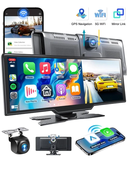 MPIA 10.2" CarPlay Android Auto Multimedya Ekranı 4K Ön/Arka Araç İçi Kamera Kayıt Destekli