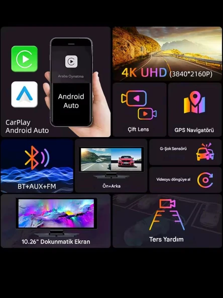 MPIA 10.2" CarPlay Android Auto Multimedya Ekranı 4K Ön/Arka Araç İçi Kamera Kayıt Destekli - 3