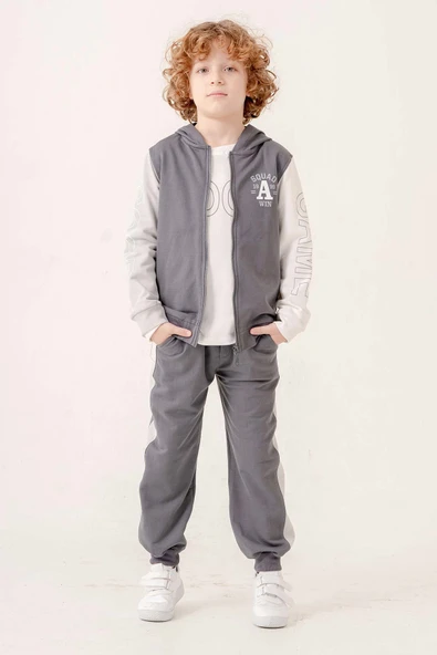 Kapüşonlu %100 Pamuk 3 Parça Erkek Çocuk Eşofman Takımı - 7