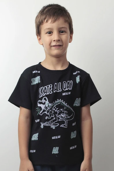 Erkek Çocuk Siyah Dinozorlu Kaykay Baskılı Kısa Kollu Pamuk Tişört - Skate All Day - 11