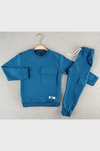 Erkek Çocuk Mavi Cepli Mevsimlik Eşofman Takımı | Rahat Sweatshirt ve Jogger Alt - 5