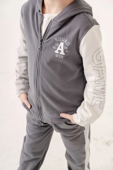 Kapüşonlu %100 Pamuk 3 Parça Erkek Çocuk Eşofman Takımı - 11