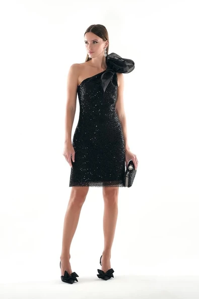 Tek Omuzu Fırfırlı Detaylı Payet File Mini Abiye Elbise Explosion