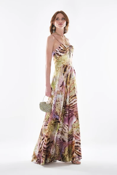 Desenli Kalın Saten Zincirli Maksi Boy Abiye Elbise Explosion - Resim 2