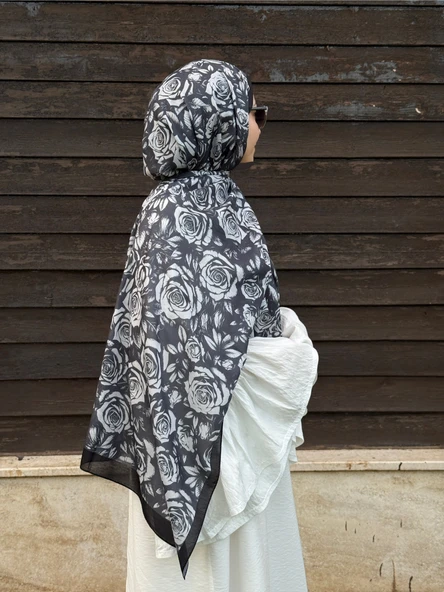 Pamuklu Soft Roza Desen Şal-Siyah/Gri - 3