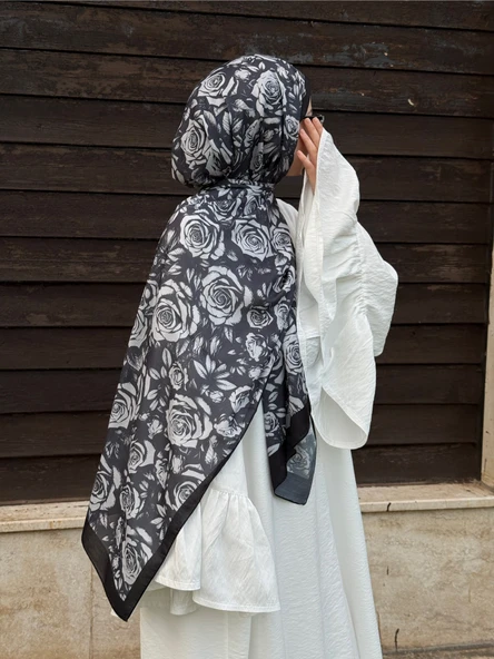 Pamuklu Soft Roza Desen Şal-Siyah/Gri - 4