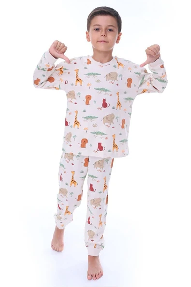 Erkek Çocuk Pamuklu Hayvan Desenli Pijama Takımı Uzun Kollu Zürafa Fil Aslan