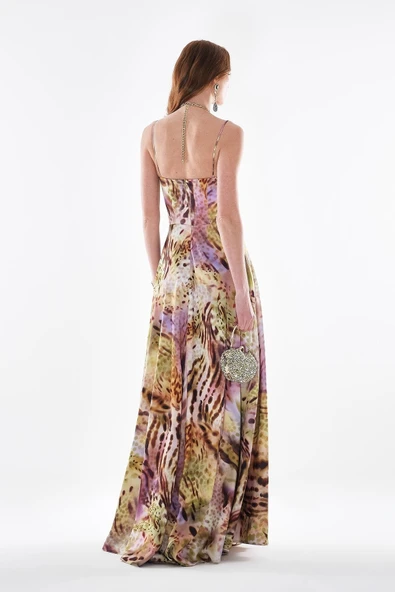 Desenli Kalın Saten Zincirli Maksi Boy Abiye Elbise Explosion - Resim 4