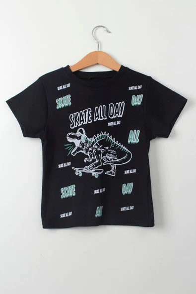 Erkek Çocuk Siyah Dinozorlu Kaykay Baskılı Kısa Kollu Pamuk Tişört - Skate All Day - 4