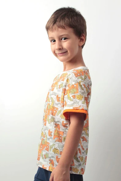 Erkek Çocuk Dinozor Desenli Yazlık Tişört - Renkli Pamuklu Kısa Kollu Tshirt - 4