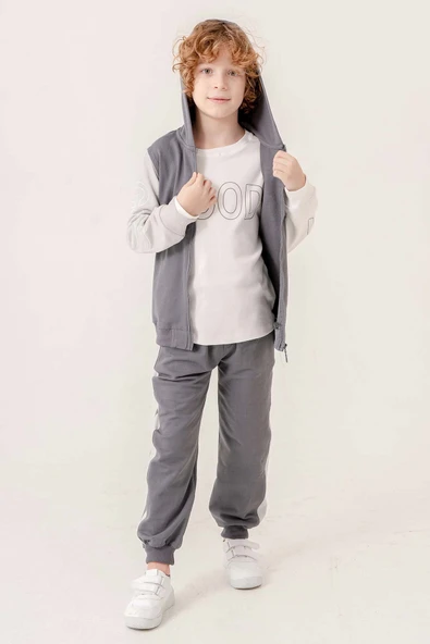 Kapüşonlu %100 Pamuk 3 Parça Erkek Çocuk Eşofman Takımı - 10