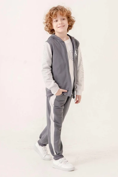 Kapüşonlu %100 Pamuk 3 Parça Erkek Çocuk Eşofman Takımı - 9