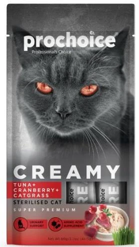 Prochoice Creamy Kısırlaştırılmış Kediler İçin Ton Balıklı Kızılcıklı Kedi Çimi İçerikli Sıvı Kedi Ödül 4 X 15 gr
