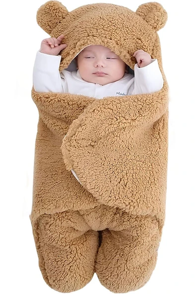 0-12 Ay Unisex Bebek Kapüşonlu Kulaklı Peluş Kundak Battaniye Uyku Tulumu Kahverengi