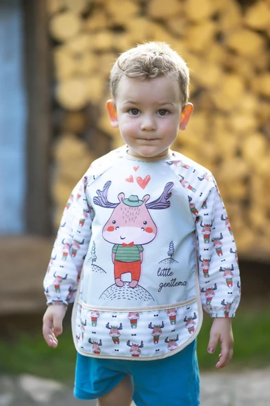 Geyik Desenli Su Geçirmez Bebek Mama Önlüğü 3-24 Ay Kol Koruyuculu Silinebilir
