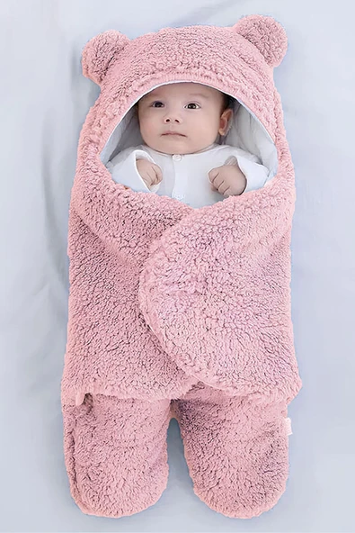 0-12 Ay Bebek Kapüşonlu Kulaklı Kışlık Peluş Kundak Battaniye Uyku Tulumu Pudra
