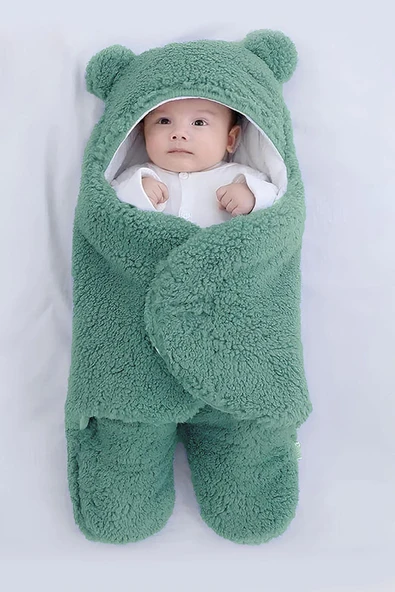 0-12 Ay Unisex Bebek Kulaklı Kapüşonlu Peluş Kundak Battaniye Uyku Tulumu Yeşil Kışlık