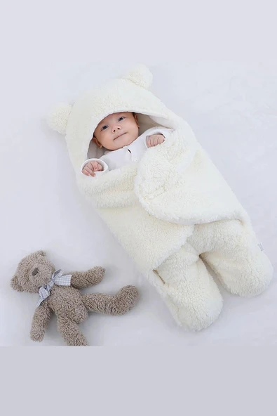 0-12 Ay Unisex Bebek Kapüşonlu Kulaklı Peluş Kundak Battaniye Uyku Tulumu Beyaz Kışlık