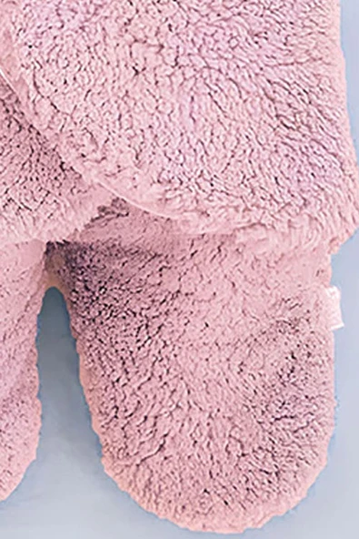 0-12 Ay Bebek Kapüşonlu Kulaklı Kışlık Peluş Kundak Battaniye Uyku Tulumu Pudra - 2