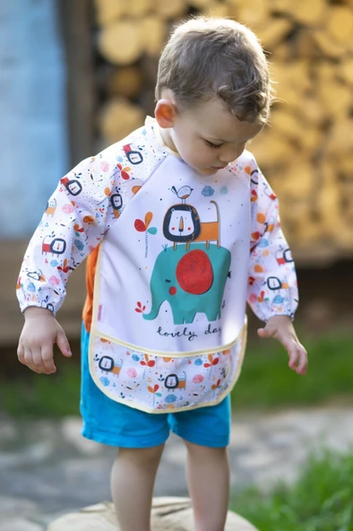 Fil ve Aslan Desenli Su Geçirmez Bebek Mama Önlüğü 3-24 Ay Kol Koruyuculu Silinebilir Renkli